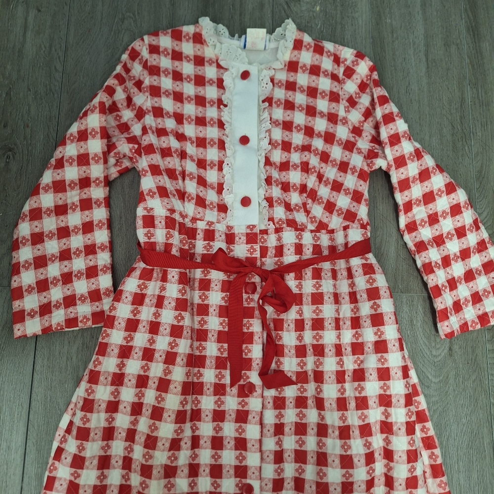 Vintage Young Miss Morton Housecoat Loungeware Red White Checked Quilted